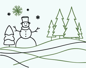 Continuous line drawing of tree and Snowman. Winter landscape
