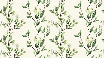 Seamless vintage watercolor pattern featuring isolated willow branches and spring green flowers ideal for textile design home decor