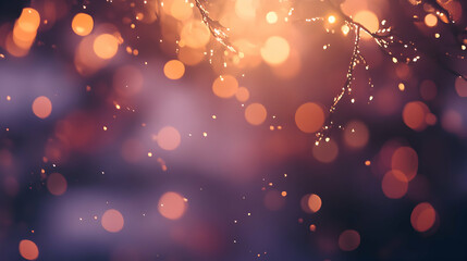A dark, moody background is illuminated by warm, golden bokeh lights emanating from blurred branches.
