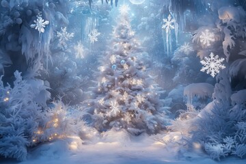 Obraz premium Winter scene with Christmas tree of crystal and ice