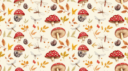 Seamless watercolor pattern featuring amanita mushrooms snails and dragonflies ideal for fabric and wallpaper design