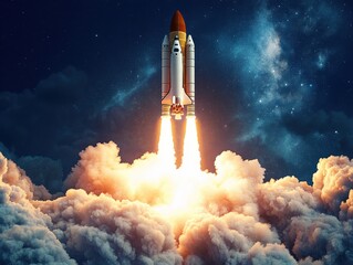 A space rocket launches from a laptop screen, blending technology with exploration in a dramatic and cinematic scene.
