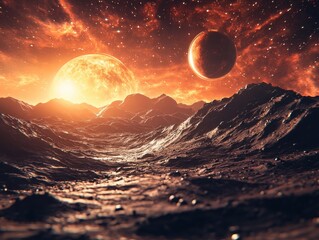 Obraz premium A surreal cosmic scene featuring a rugged alien landscape under a fiery sky. Two luminous planets hover above, casting ethereal light on the terrain.
