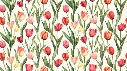 Obraz premium Seamless watercolor pattern of vibrant tulips and lush leaves on a soft cream background perfect for spring themed designs