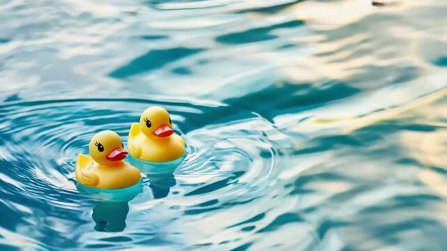 Two cheerful yellow rubber ducks bobbing gently on the surface of a clear blue pool during a sunny day