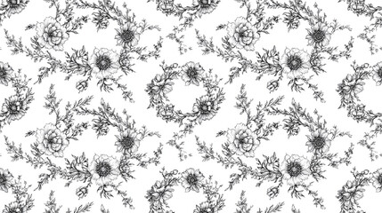 Obraz premium Hand drawn seamless pattern featuring circular frames of flowers leaves and branches perfect for summer spring Easter birthdays or weddings