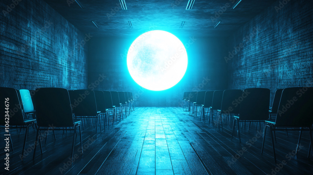 Poster rows of floating desks and chairs rising toward a glowing orb, representing collective learning in a