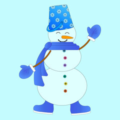 Cute snowman with a bucket hat, scarf, and mittens. Perfect for Christmas and New Years designs, greeting cards, and festive decor.