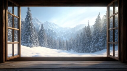 An open window reveals a winter forest with sunlit snow-covered trees, set within a rustic interior decorated with old wooden furniture