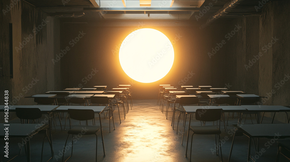 Poster rows of floating desks and chairs rising toward a glowing orb, representing collective learning in a