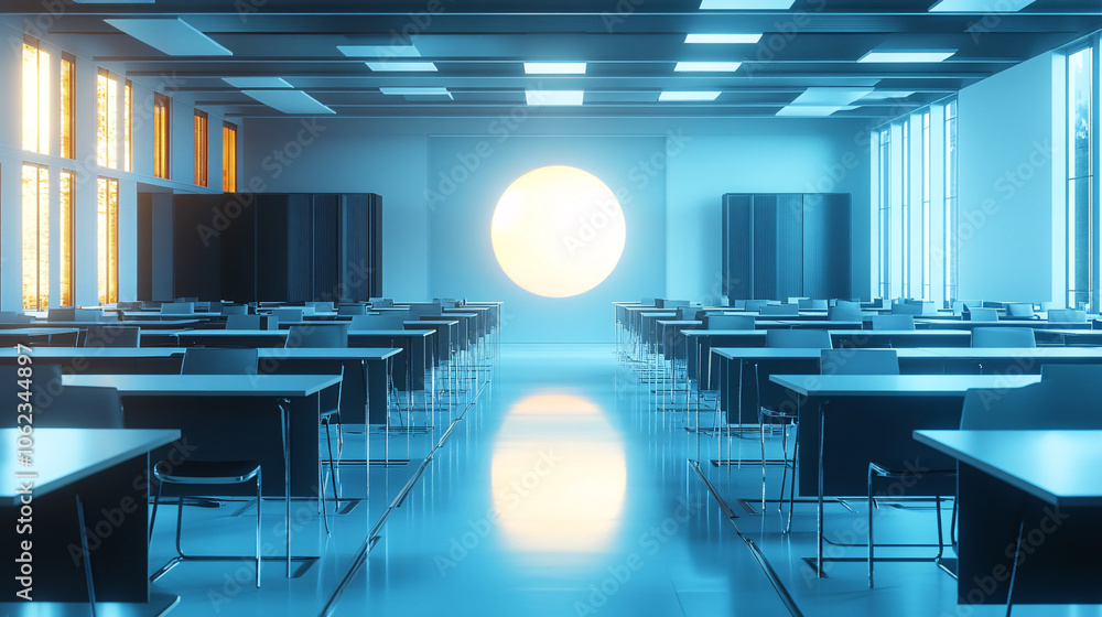 Poster rows of floating desks and chairs rising toward a glowing orb, representing collective learning in a