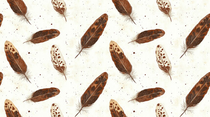 Obraz premium Seamless vintage artwork pattern featuring brown paisley feathers on a pale background ideal for boho decor and fabric design