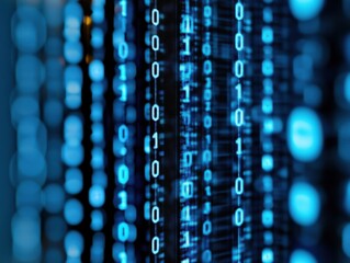 A close-up view of a digital binary data stream on a blue computer screen, showcasing rows of binary code in a futuristic setting.