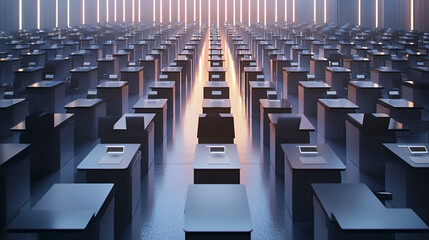 Rows of Floating Desks Lined Up Like Dominoes, Each Holding a Participant in a Large Conference Room 