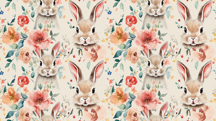 Naklejka premium Cute watercolor rabbit adorned with colorful flowers in a seamless pattern design perfect for fabric and wallpaper decor