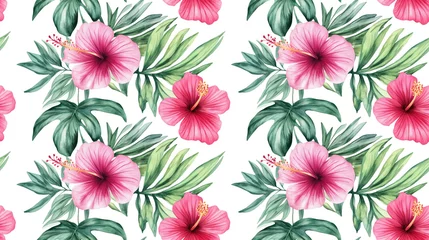Fototapete Watercolor seamless pattern featuring tropical leaves and flowers palm monstera and hibiscus perfect for fabric design and home decor © NeuralNiche