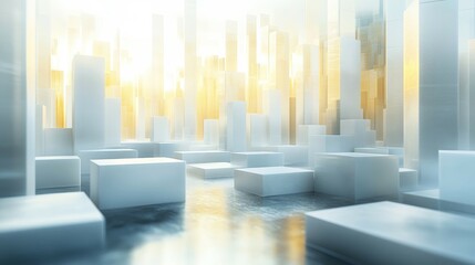 A futuristic landscape of transparent and translucent forms, creating a feeling of lightness and modernity. Clouds of light penetrate the structure, adding a mystical touch