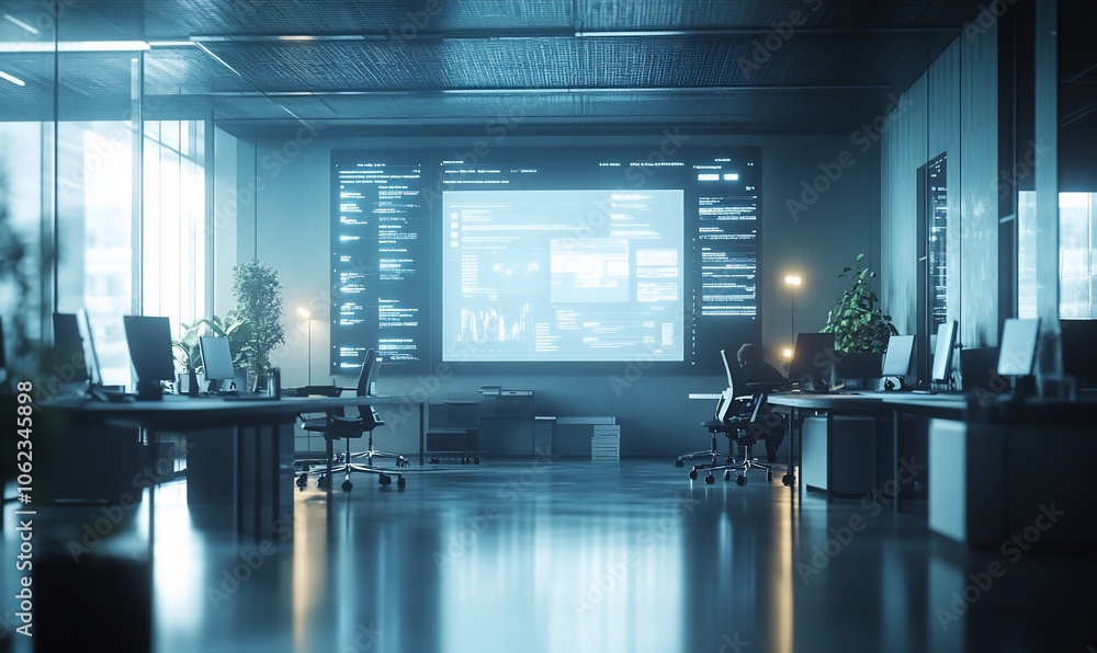 Poster Modern office interior with large screen displaying data and code.