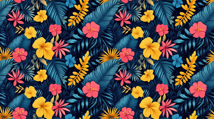 Creative seamless pattern featuring hand drawn tropical leaves and vibrant flowers perfect for fabric design or tropical themed decor