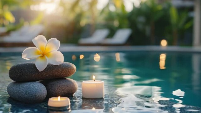 Tranquil swimming pool adorned with candles and stones, creating a peaceful and relaxing spa atmosphere, copy space