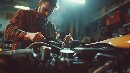 Mechanic Performing Car Engine Repair in Workshop