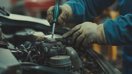 Mechanic Performing Car Engine Repair in Workshop