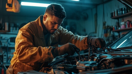 Mechanic Performing Car Engine Repair in Workshop