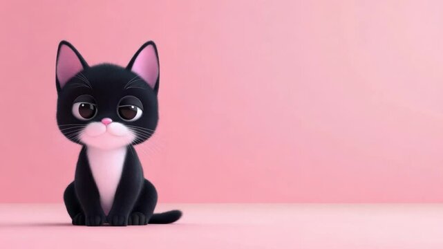A cartoon black and white cat sitting on a pastel pink backdrop, exuding a charming and whimsical vibe