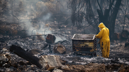 Beekeeper in protective gear examining equipment in a burnt landscape, surrounded by charred trees and smoky air.