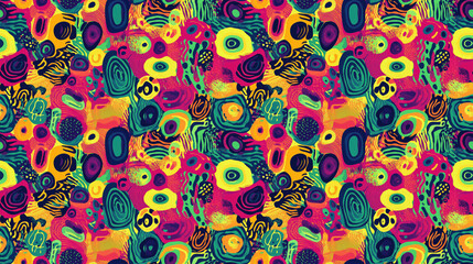 Vibrant seamless pattern of abstract shapes and colors ideal for textile designs and digital backgrounds