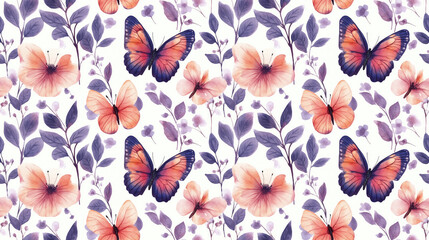 Seamless watercolor pattern featuring vintage butterflies flowers and branches ideal for wallpaper design