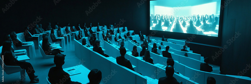 Poster rows of floating desks with attendees seated in a helix formation, watching a 3d holographic present