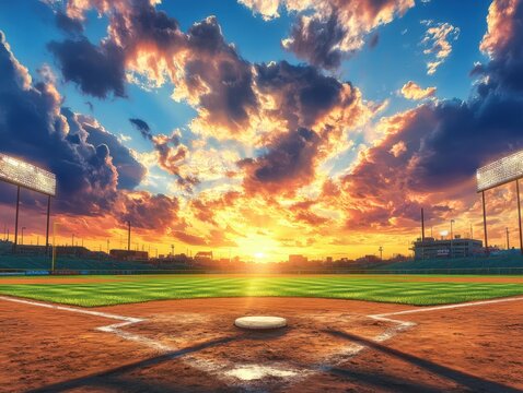 A digital illustration of a baseball field at sunset, featuring dramatic clouds and vibrant colors. The stadium lights illuminate the serene scene. - Powered by Adobe