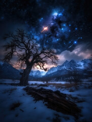 Obraz premium The setting features a bare tree silhouetted against a twilight sky filled with stars and swirling cosmic colors, with snow-covered mountains in the background.