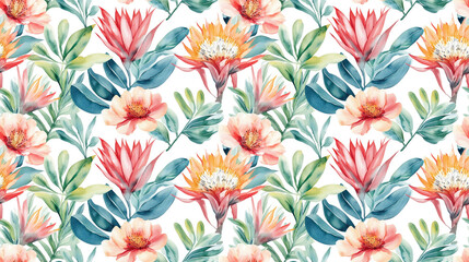 Watercolor seamless pattern featuring vibrant tropical leaves protea and strelitzia flowers ideal for textile design and wrapping paper
