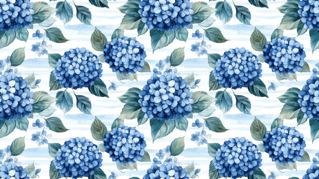Watercolor seamless pattern featuring blue hydrangea branches adorned with lush leaves and delicate flowers perfect for fabric design and home decor