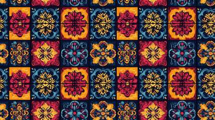 Vibrant seamless pattern featuring multicolored ornament tiles with vintage frames ideal for textile design and home decor