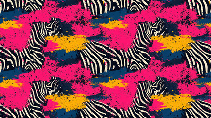 Fototapeta premium Colorful seamless pattern featuring retro dirty splatter paint and zebra prints ideal for wallpaper and textile design