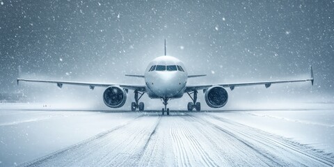 Airliner taxiing during snowstorm on runway in winter blizzard