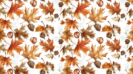 Fototapeta premium Seamless watercolor pattern featuring oak and maple leaves along with acorns and snails ideal for fabric design or home decor