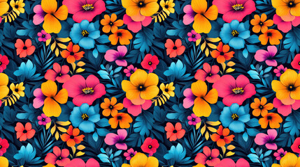 Bright seamless pattern featuring colorful flowers and leaves ideal for digital textile design and vibrant background applications