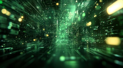 Abstract background with green and yellow lights, creating the effect of movement and depth. Data and technology are harmoniously intertwined in modern cybernetic forms