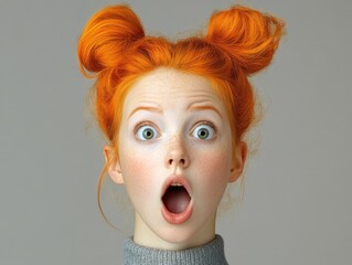 A surprised woman with vibrant orange hair styled in a pin-up fashion against a neutral background,...