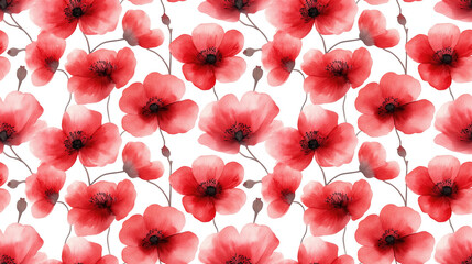 Greeting card featuring a seamless pattern of handmade red watercolor flowers ideal for invitations or decorative purposes