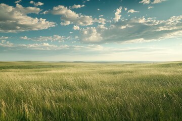 Expansive prairies with tall, waving grasses and a distant horizon, under a wide and open sky with scattered clouds