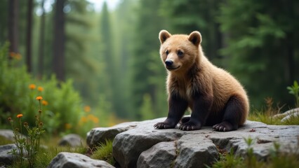 Obraz premium A realistic depiction of a grizzly cub on a stone ledge, with detailed fur textures illuminated by the gentle light of the forest