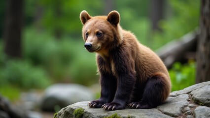 Obraz premium A beautiful photograph of a grizzly cub nestled on a rocky outcrop, surrounded by vibrant green plants and soft sunlight