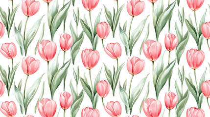 Obraz premium Seamless hand painted watercolor pattern featuring delicate spring pink tulips ideal for textile and stationery design