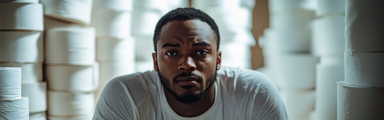 Obraz premium Man hoarding toilet paper rolls with a humorous expression, isolated on a white background