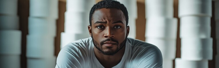 Obraz premium Man hoarding toilet paper rolls with a humorous expression, isolated on a white background